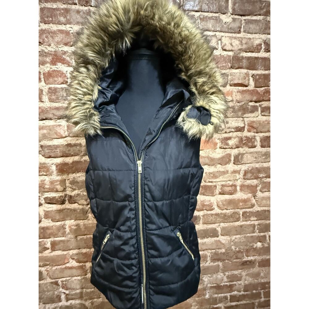 Love Tree Anthropologie Black Faux Fur Hooded Puffer Vest Sz L Ski Scandi girl